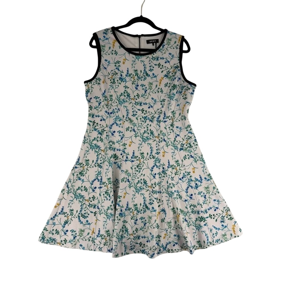 DKNY Floral Scuba Fit and Flare Dress White Blue Green Sleeveless Size 12
